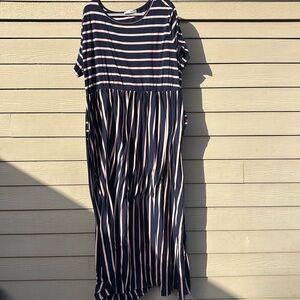 Maxi cotton dress. It is navy with pink stripes.